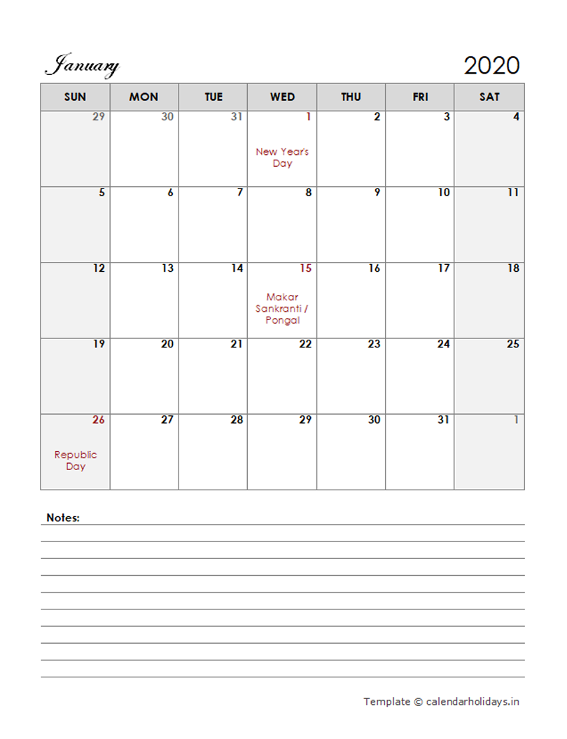 CUSTOMIZABLE MONTHLY CALENDAR WITH LARGE SPACE FOR NOTES