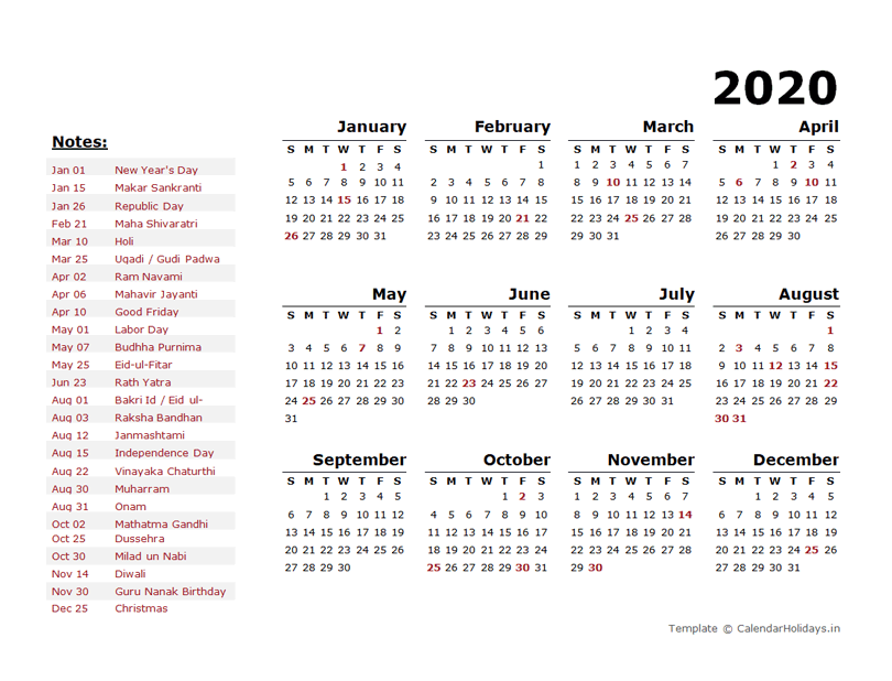 2020 Yearly Template - CalendarHolidays.in