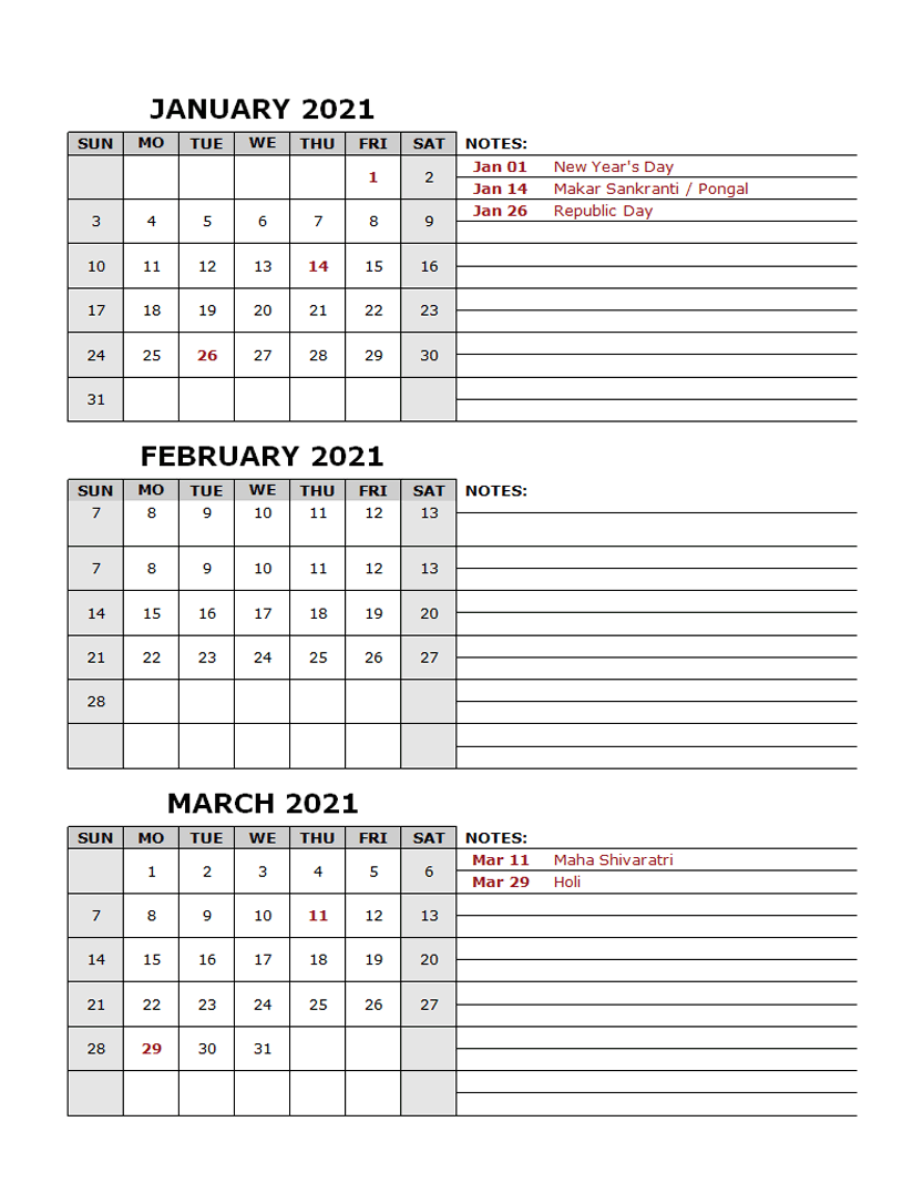 THREE-MONTHS CALENDAR WITH LARGE NOTES SPACE