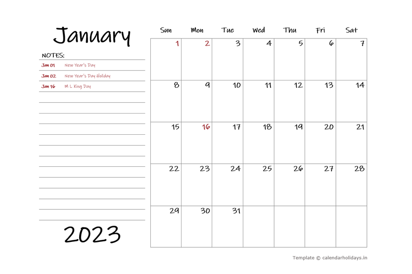 MONTHLY CALENDAR WITH LARGE SPACE NOTES
